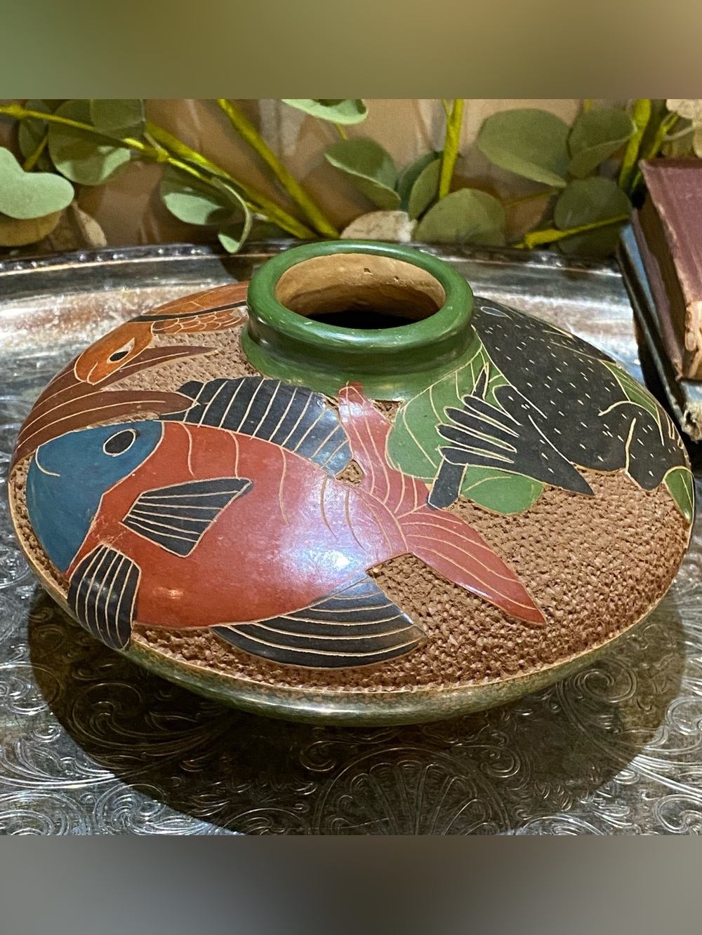 Vintage Sgraffito Art Pottery Vase Turtle Fish Frog